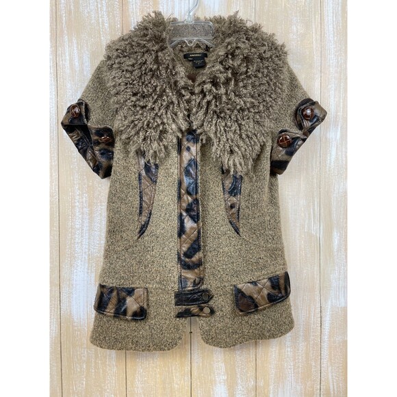 RADZOLI Jackets & Blazers - RADZOLI Faux Fur Trimmed Shawl Collar Brown Zip Snap Vest Women's S Animal Print